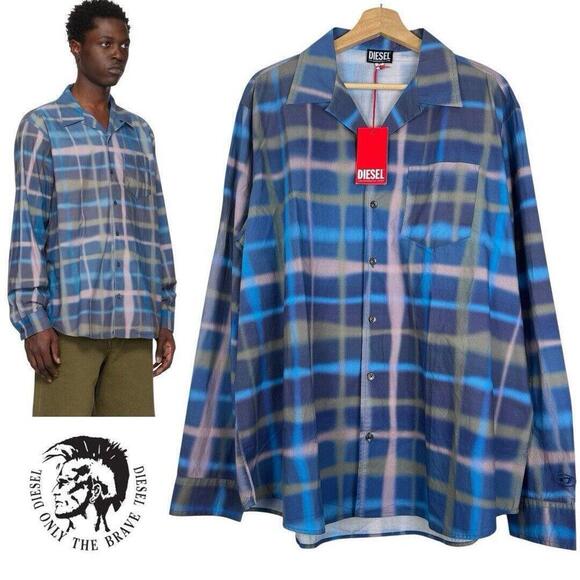 NWT Diesel S-Daraa Shirt 439 Electric/Blue Men’s Size 50 Plaid Button Up $225 - Picture 1 of 15